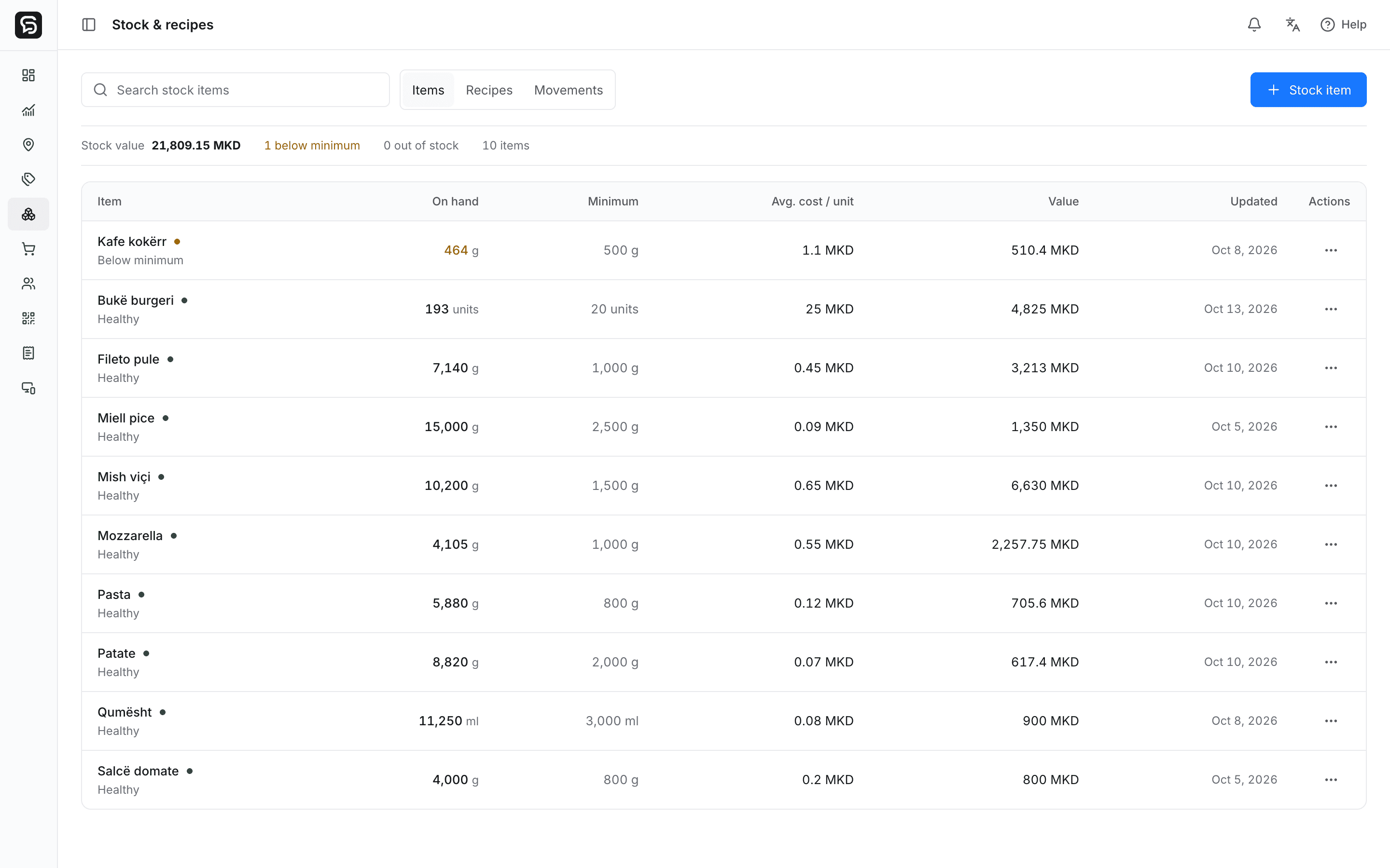 Rendo stock items with quantities, minimum levels and unit costs in the English app