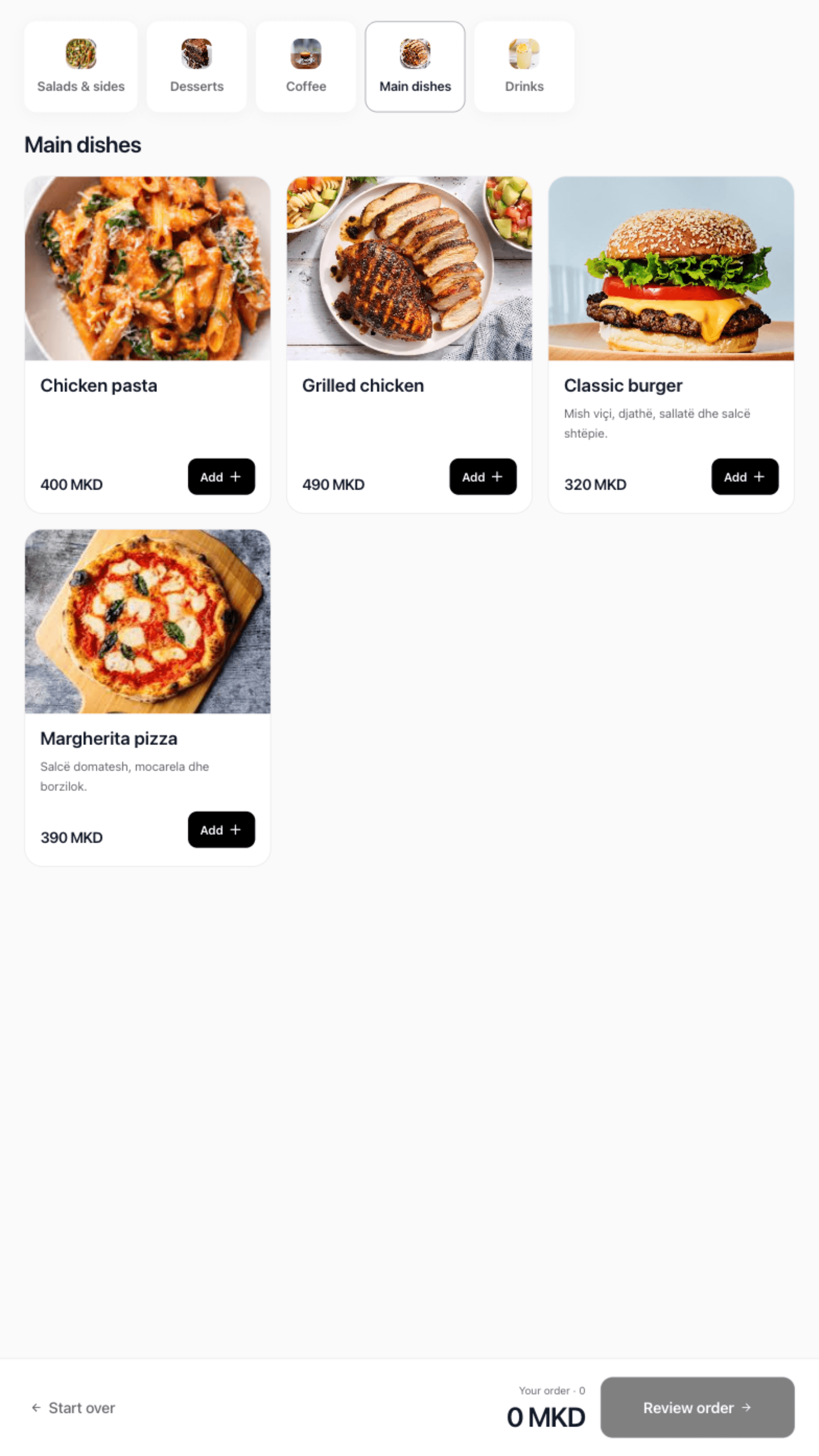 Rendo Kiosk showing the guest ordering menu