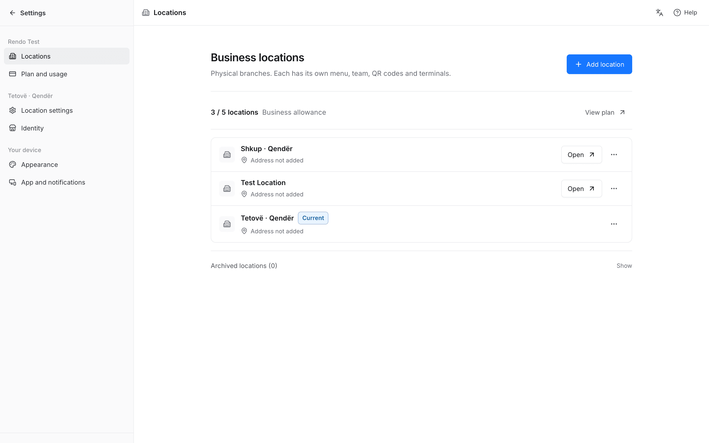 Rendo business locations screen showing three branches and the active location