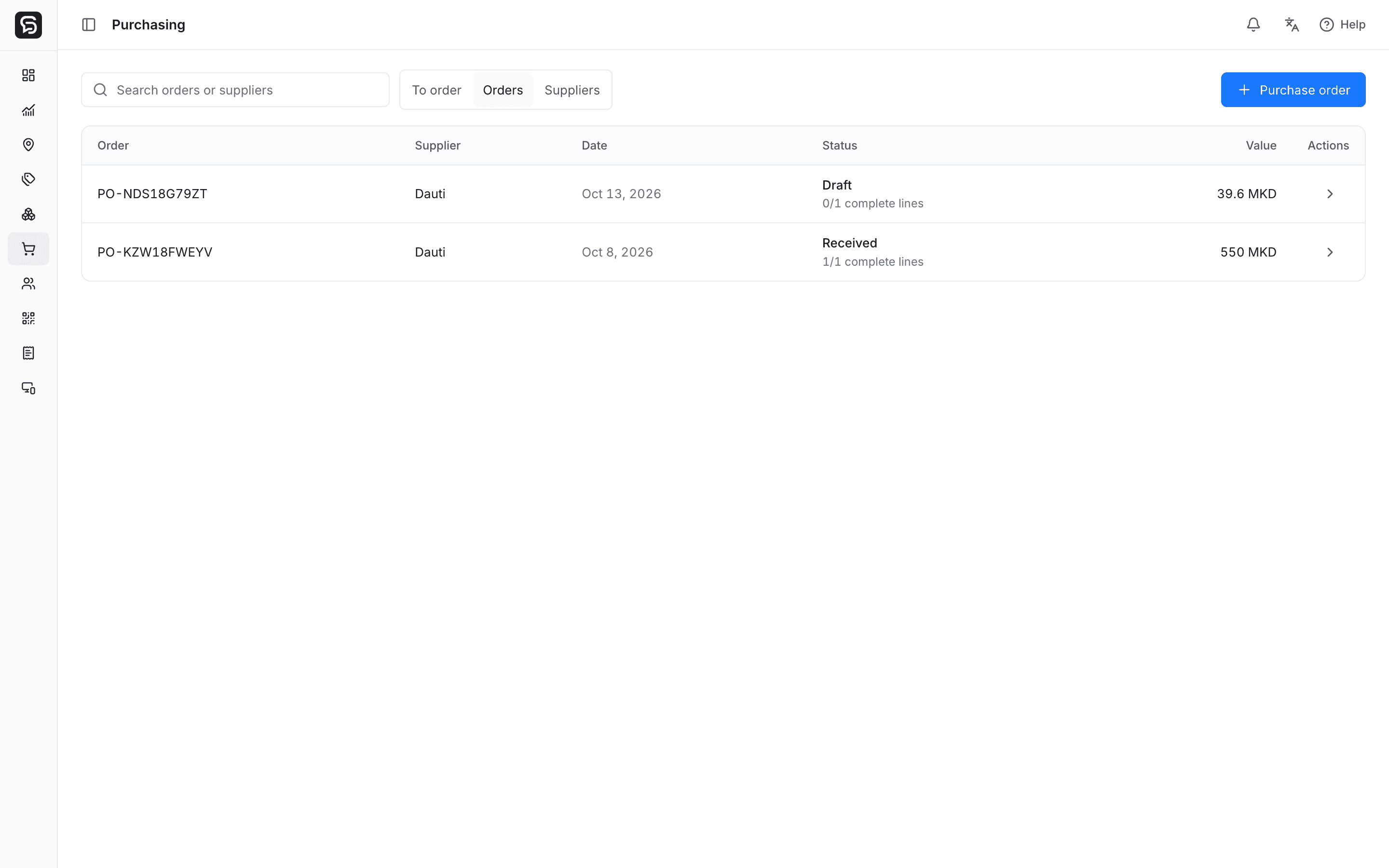Actual Rendo purchase orders with draft and received status