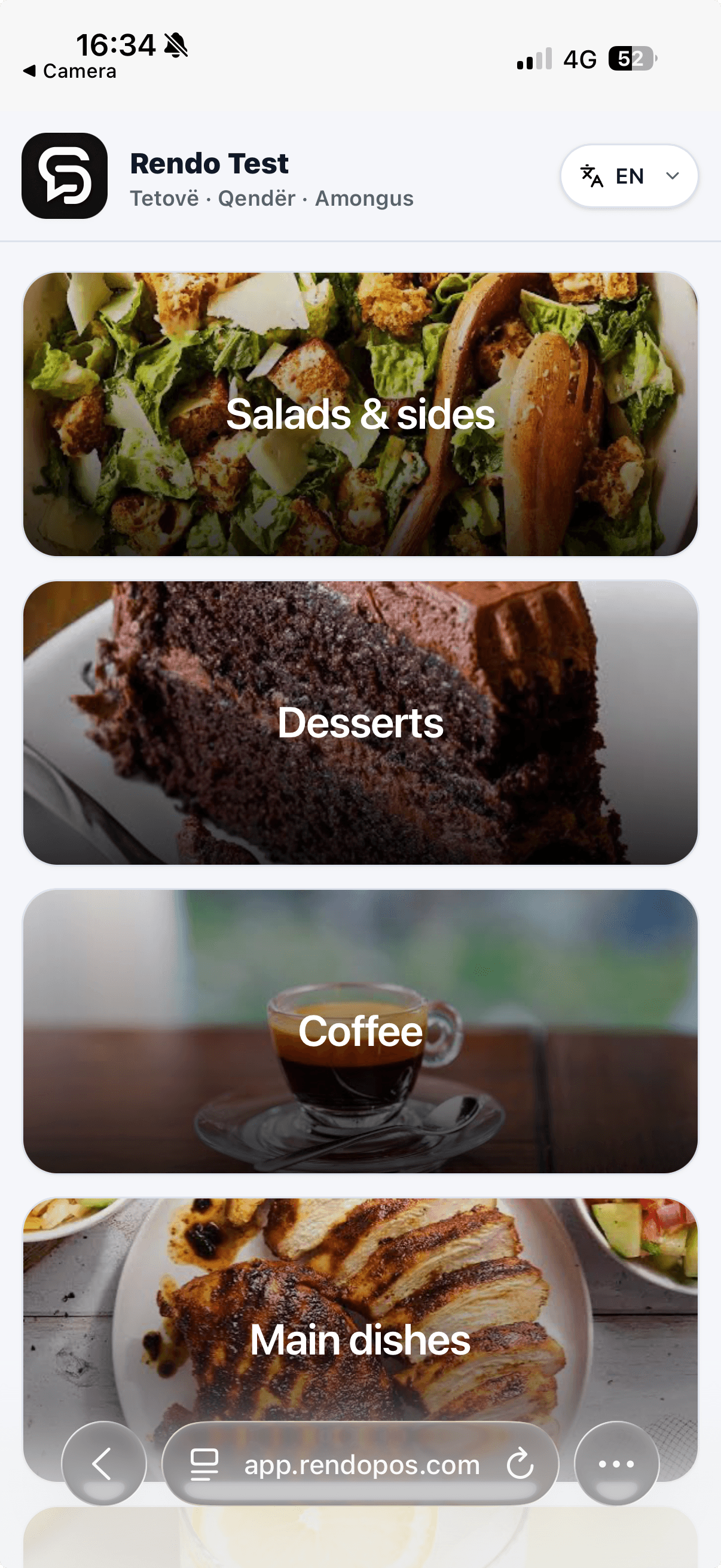 Actual Rendo QR menu categories on an illustrated phone