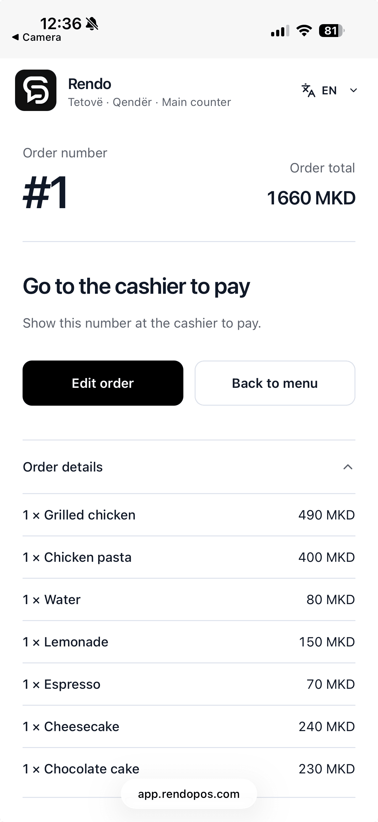 Rendo QR order status showing the order number and payment at the cashier