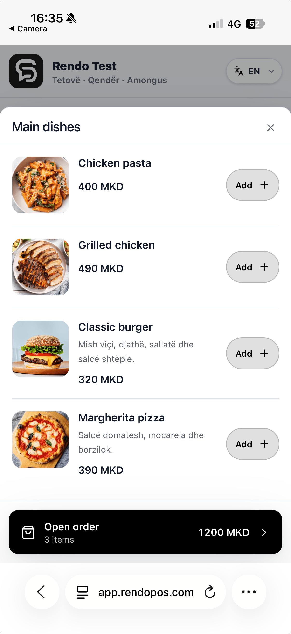 Actual Rendo QR product list on an illustrated phone