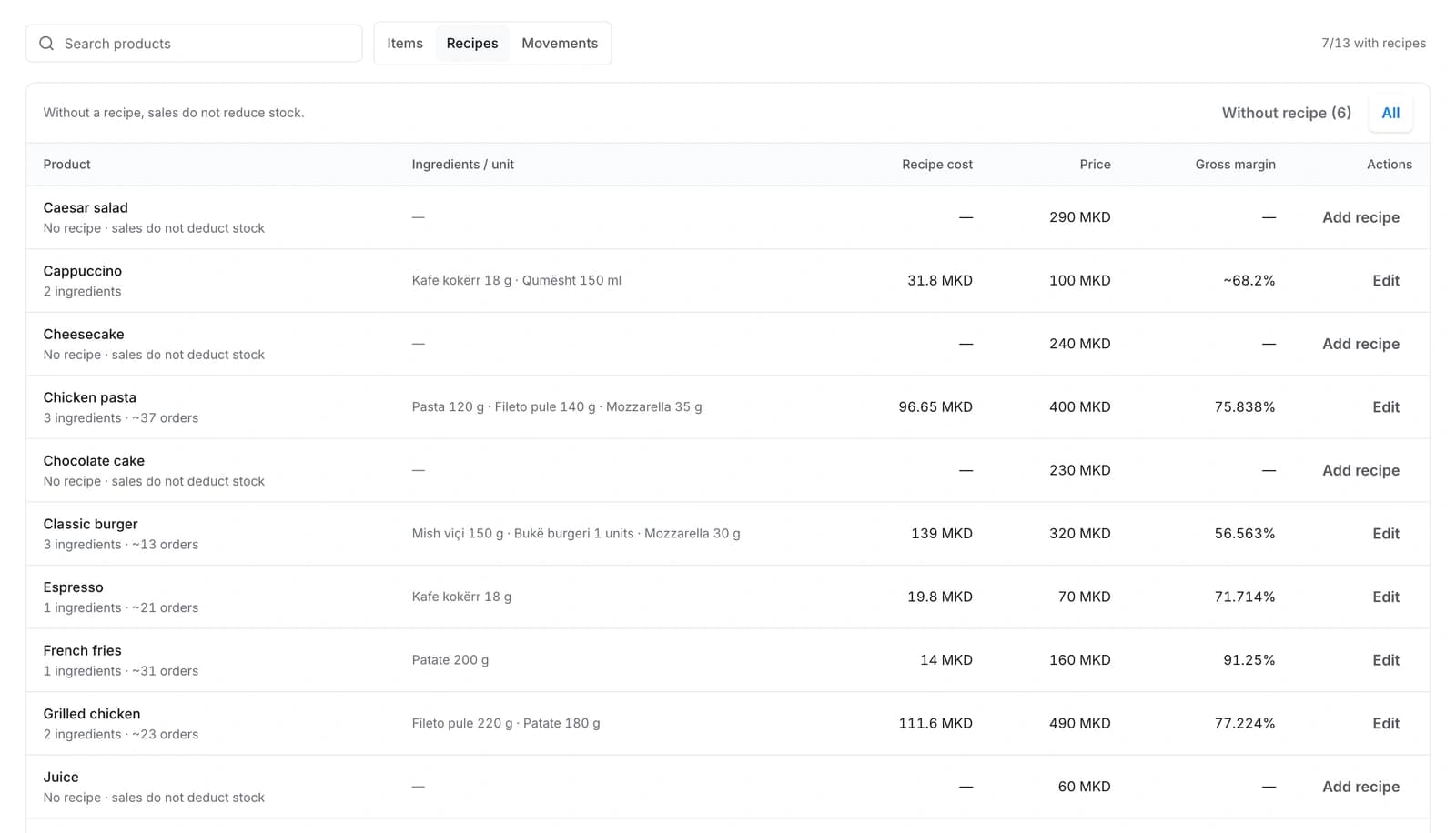Actual Rendo recipe list showing ingredient quantities and recipe costs in a demo workspace