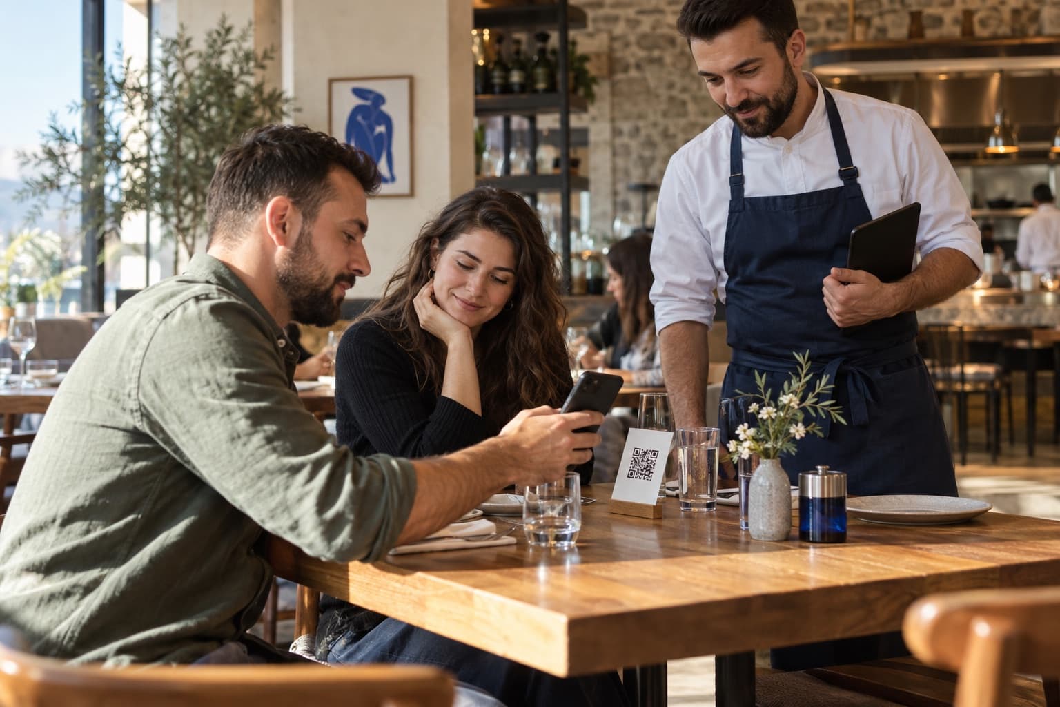Illustrative restaurant scene with a guest using a table QR code